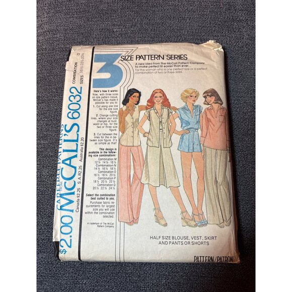 McCalls 6032 Vintage 1978 Sewing Pattern Size 16.5/18.5/20.5 Half-Size Blouse Ve - Picture 1 of 5